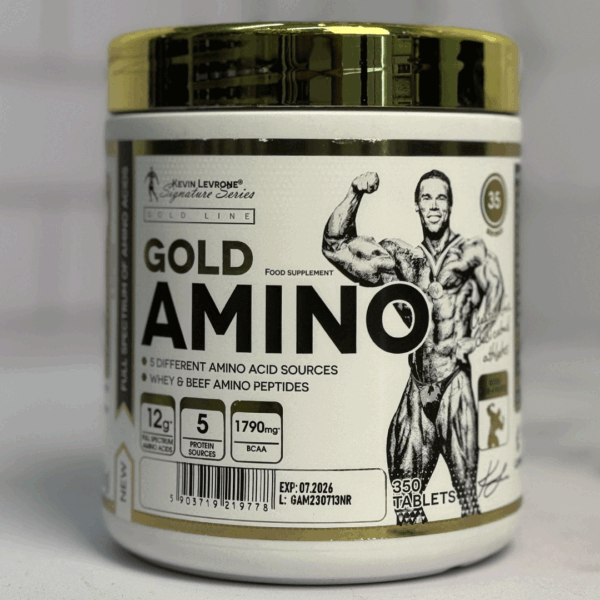 نمای نزدیک از مکمل Kevin Levrone Gold Amino با 1790 میلی‌گرم BCAA در هر وعده، مناسب برای افزایش ریکاوری و رشد عضلات
