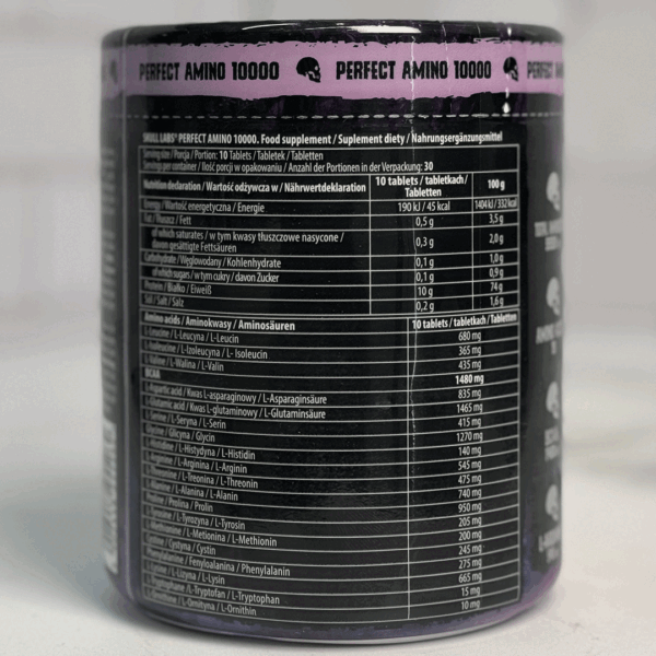 جدول ترکیبات تغذیه‌ای Perfect Amino 10000 Skull Labs شامل BCAA، گلوتامین و آمینو اسیدهای ضروری برای بهبود عملکرد ورزشی