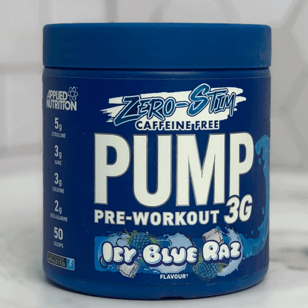 Applied Nutrition Pump 3G Caffeine-Free Pre-Workout Icy Blue Raz Flavor - 50 Servings for Enhanced Muscle Pump and Focus